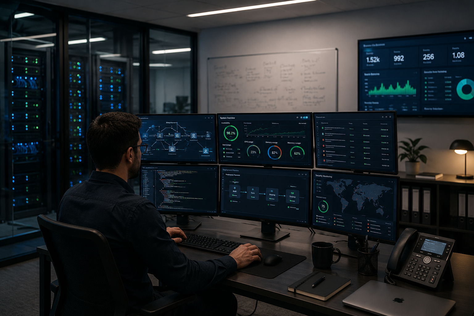 Technical operations environment with servers, monitoring dashboards, and development tools